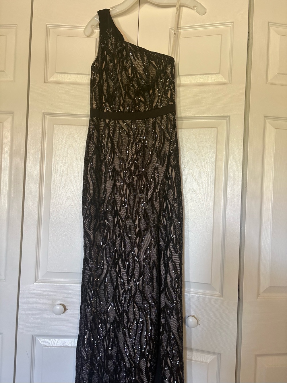 One-Shoulder Black Sequin Evening Gown